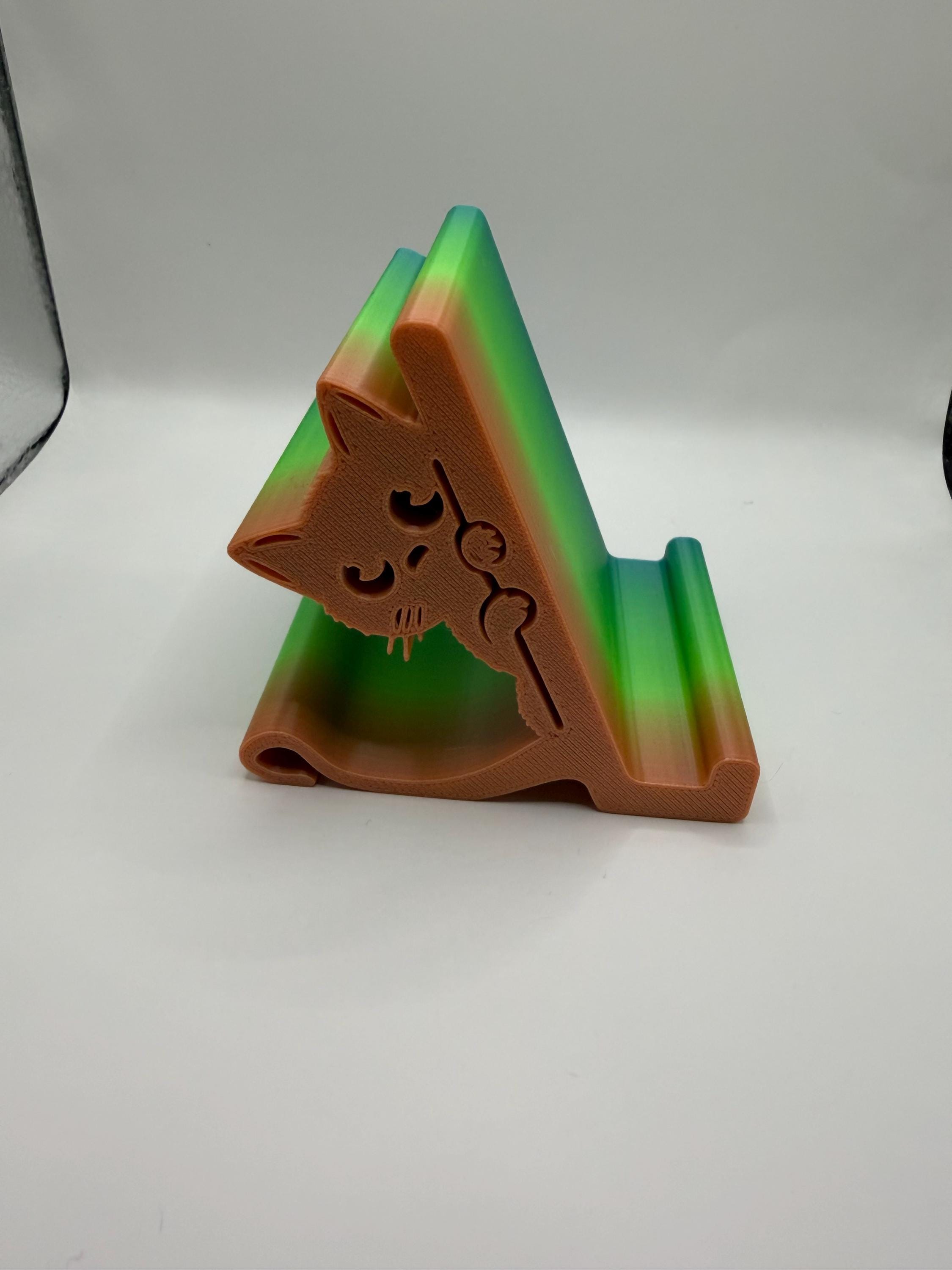 3D Printed Colorful Cat Phone Stand - Rainbow Desk Accessory