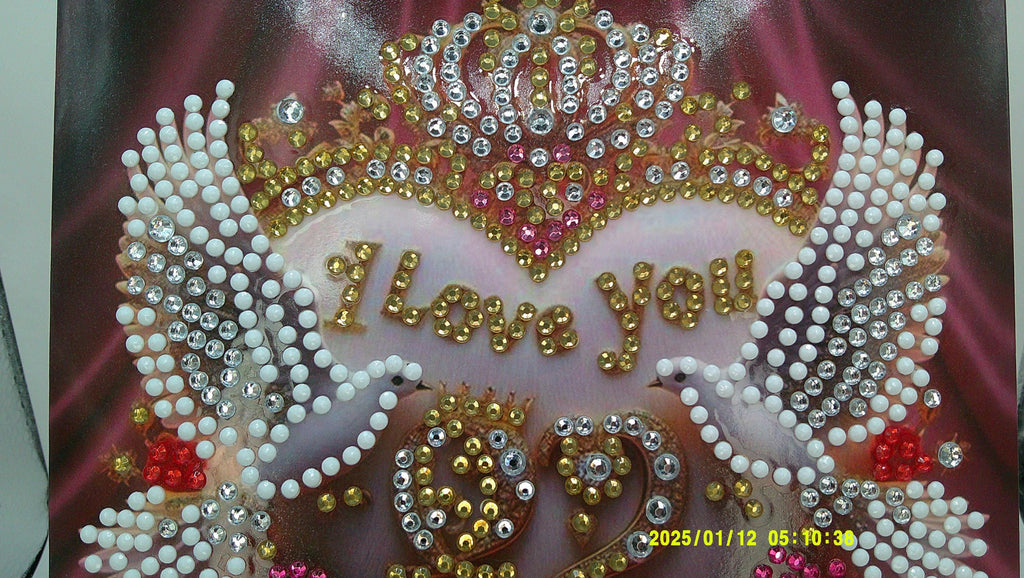 Romantic Crowned Heart Greeting | Sparkling Doves & Roses