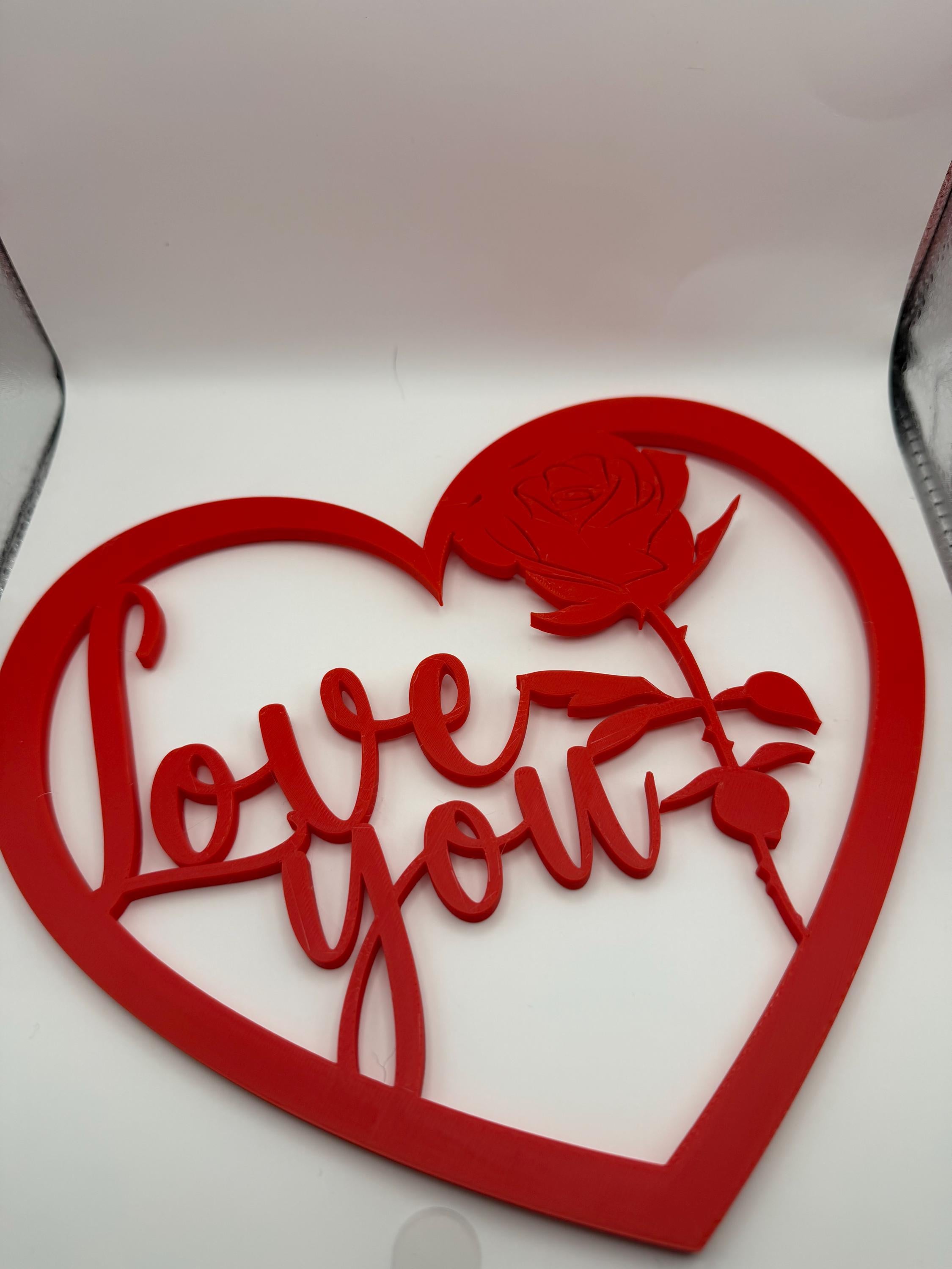 3D Printed Love You Tilted Heart With Rose and Stand