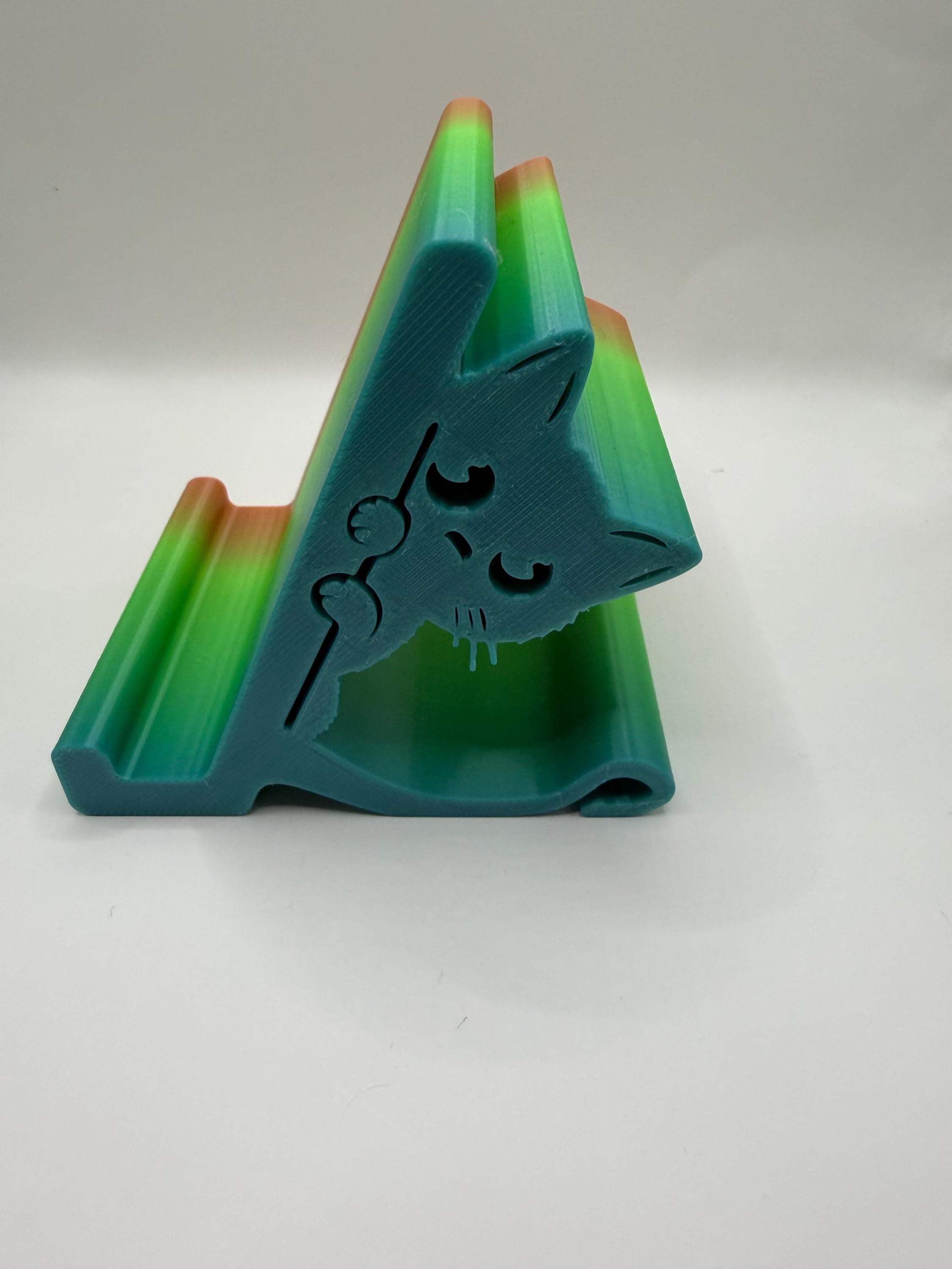 3D Printed Colorful Cat Phone Stand - Rainbow Desk Accessory
