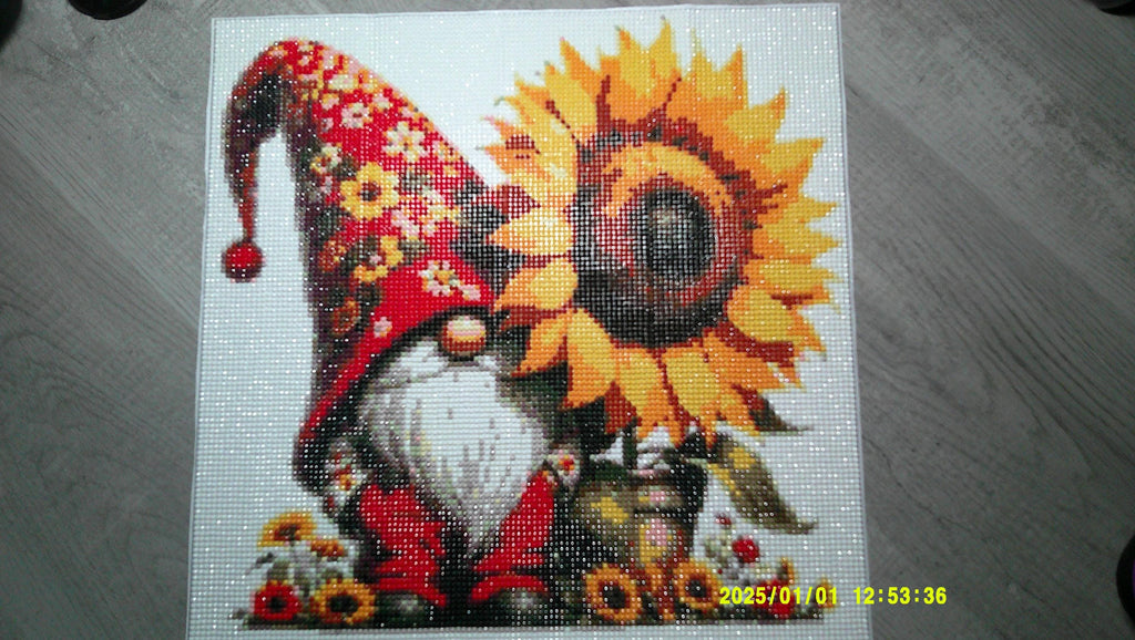 Whimsical Garden Gnome with Sunflowers – Diamond Art