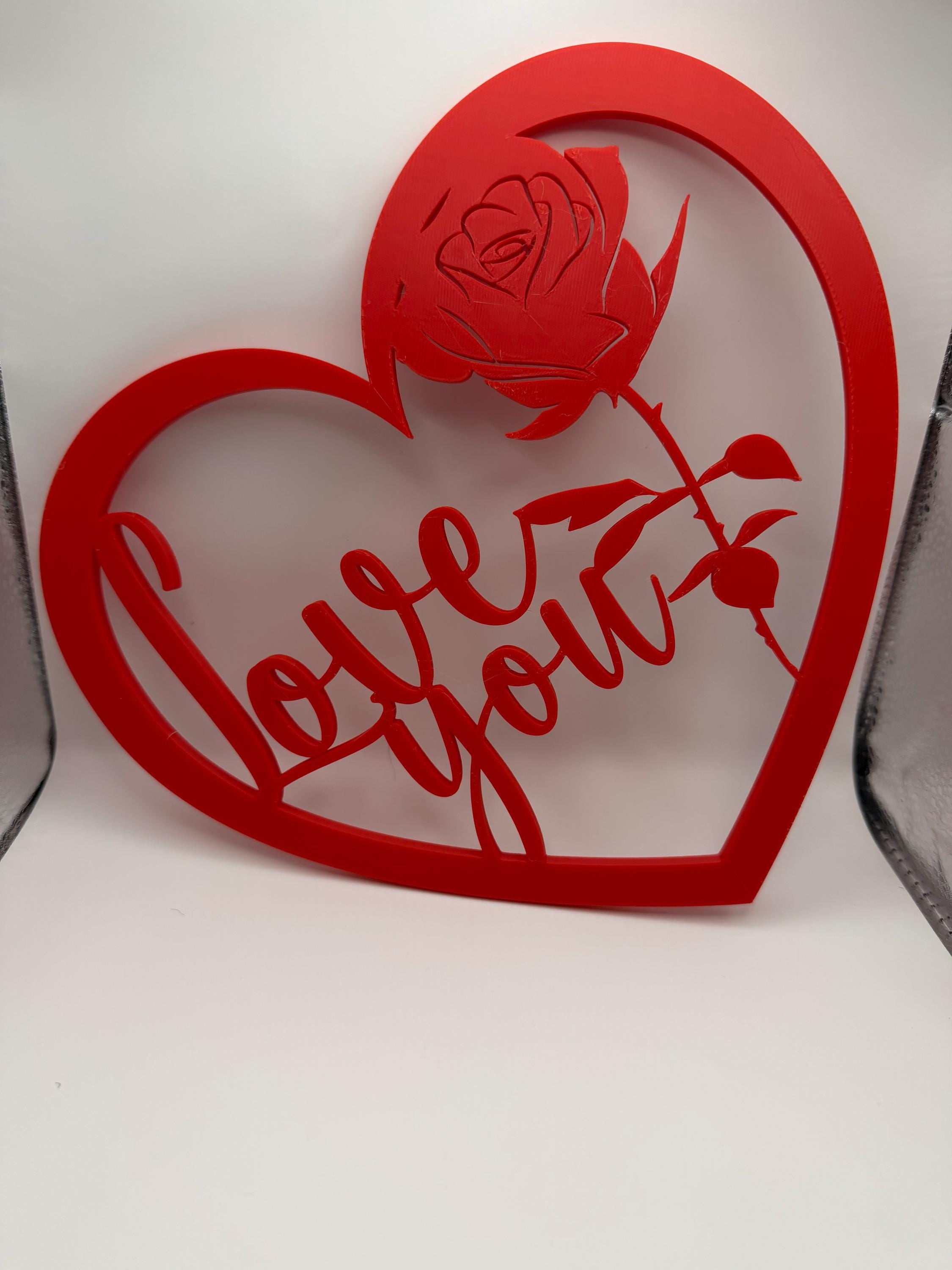 3D Printed Love You Tilted Heart With Rose and Stand